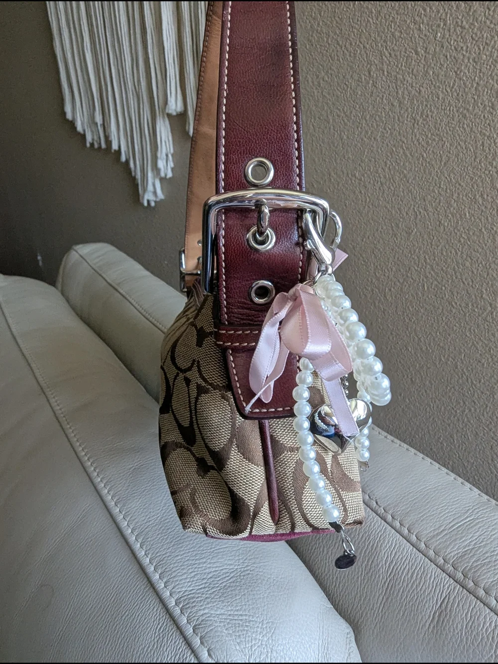 vintage Coach Signature Striped Suede Demi Baguette
